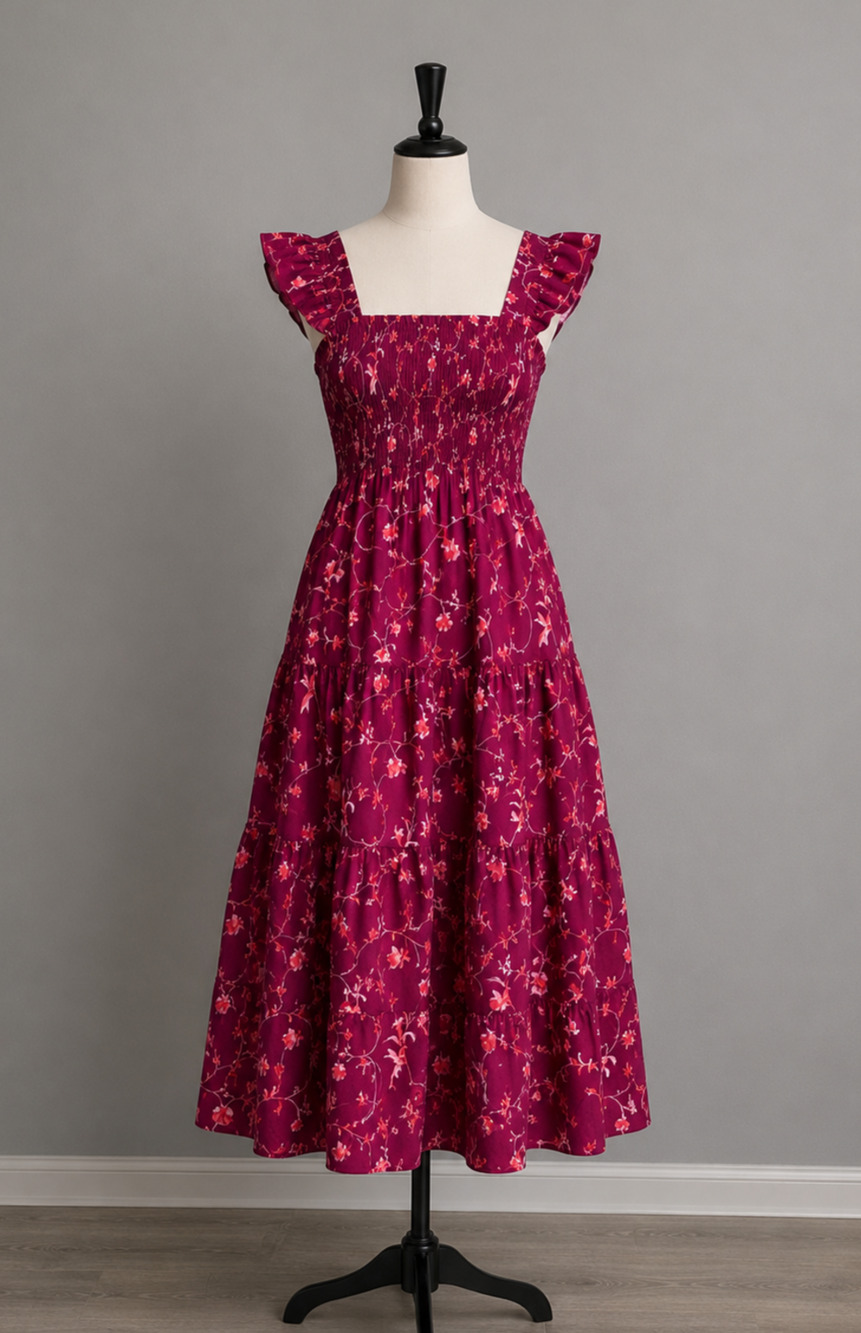 Hill House Home Nap Dress Burgundy Floral Smocked Ruffle Midi Sz S Romantic